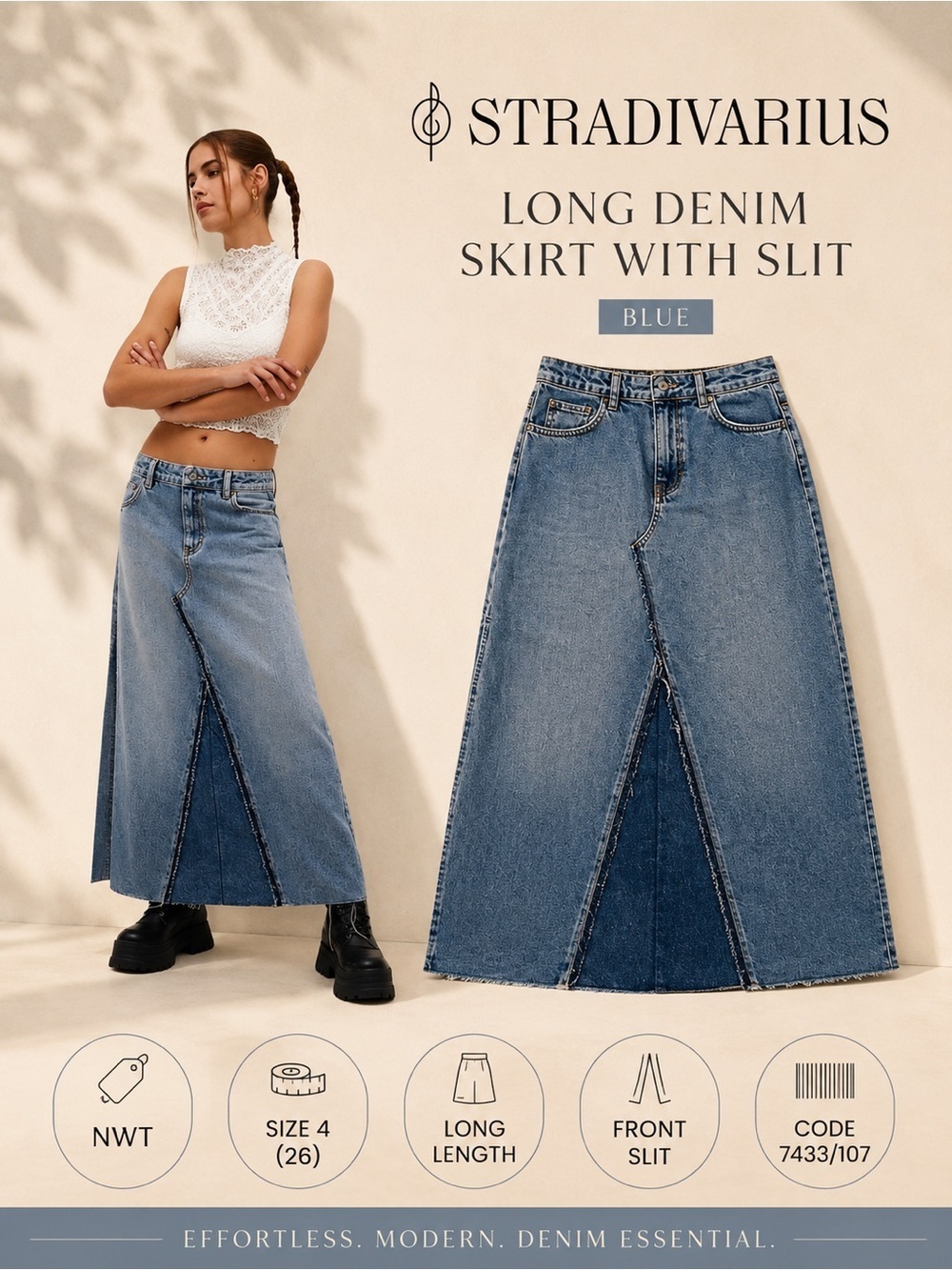 Stradivarius Blue Long Denim Skirt With Slit Size 4 NWT Maxi Jean Skirt Inditex